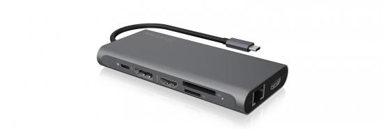Graue USB-C-Dockingstation mit HDMI-, USB-, SD- und Netzwerkkabelanschlüssen