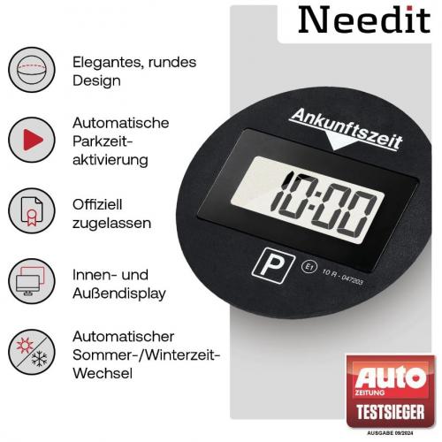Elektronische Parkscheibe von Needit mit elegantem Design, automatischer Parkzeitaktivierung und Zeitanpassung
