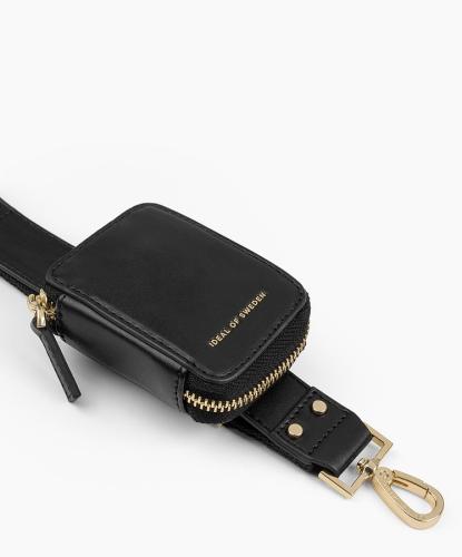 Schwarze Gürteltasche mit goldenen Reißverschlüssen und Karabinerhaken