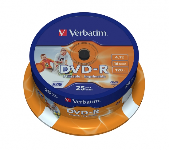 Verbatim DVD-R Rohlinge 25er Pack, 4.7 GB Speicherkapazität, 16-fache Schreibgeschwindigkeit, bedruckbar