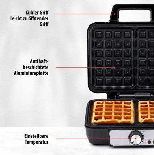 Waffeleisen mit zwei fertigen Waffeln, kühlbarem Griff und einstellbarer Temperatur für gleichmäßiges Backen