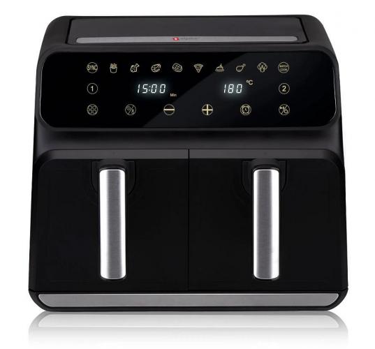 Schwarze digitale Heißluftfritteuse mit zwei Frittierkammern, Touchscreen und Edelstahlgriffen