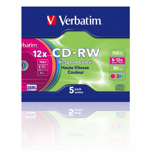Verbatim CD-RW 12x Hi-Speed Farbige wiederbeschreibbare CDs, 5 Stück, 700 MB, 80 Minuten
