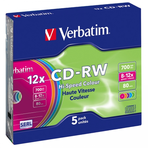 Verbatim CD-RW 12x Hi-Speed Colour für 700MB Daten, 5er Packung
