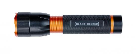 Schwarze Black+Decker LED-Taschenlampe mit orangefarbenen Akzenten und rutschfestem Griff