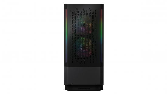 Frontansicht eines modernen Gaming-PC-Gehäuses mit farbiger RGB-Beleuchtung