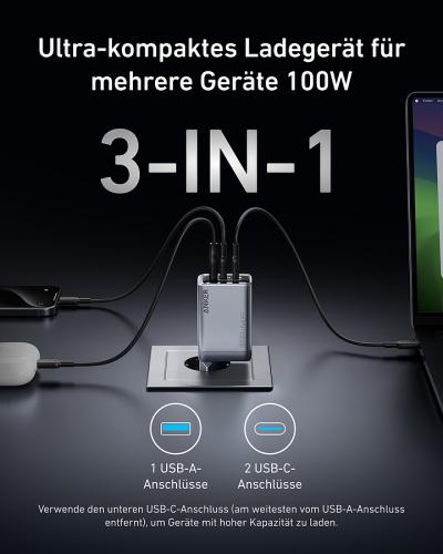 Ladegerät mit 3-in-1 Funktion, 100W für mehrere Geräte mit USB-A und USB-C Anschlüssen