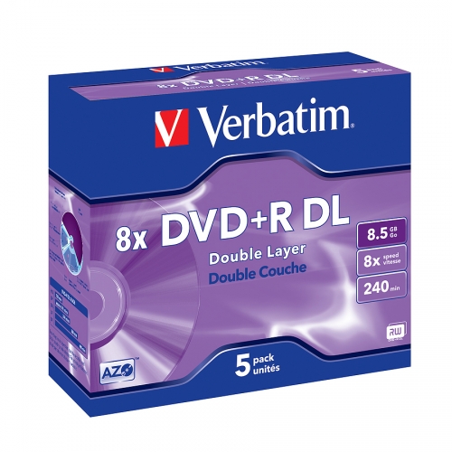 Verbatim DVD+R DL Double Layer, 8,5 GB Kapazität, 8x Geschwindigkeit, 5 Discs pro Packung, lila Verpackung