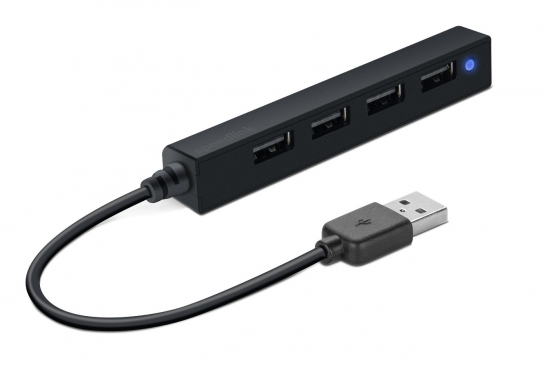 Schwarzer USB-Hub mit vier Anschlüssen und leuchtender LED-Anzeige