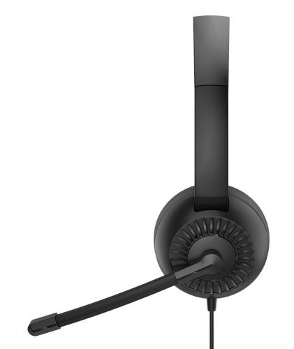 Seitenansicht eines schwarzen Headsets mit verstellbarem Mikrofon
