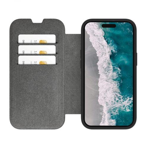 Smartphone-Schutzhülle mit grauen Kartenfächern und Wellendesign auf dem Bildschirm