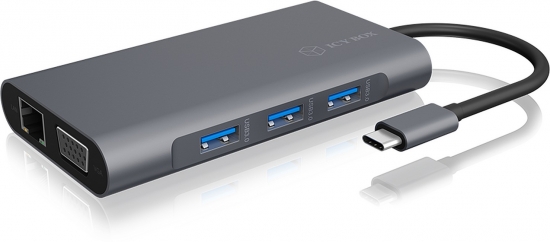 USB-C Hub mit Ethernet, VGA und drei USB 3.0 Ports, silbernes Design
