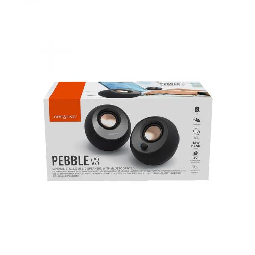 Verpackung der Creative Pebble V3 Lautsprecher mit minimalistischem 2.0 USB-Lautsprechersystem und Bluetooth-Funktionalität.