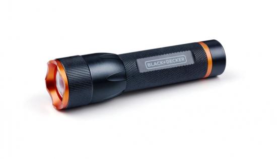 Robuste schwarze LED-Taschenlampe mit rutschfestem Griff und orangefarbenen Akzenten