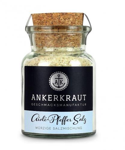 Glas mit Korkverschluss gefüllt mit Ankerkraut Aioli Pfeffer Salz, würzige Salzmischung