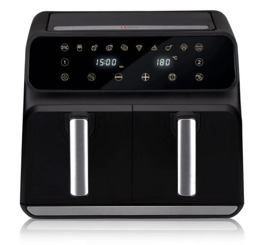 Schwarze digitale Heißluftfritteuse mit Doppelkammer, LED-Display und Edelstahlgriffen