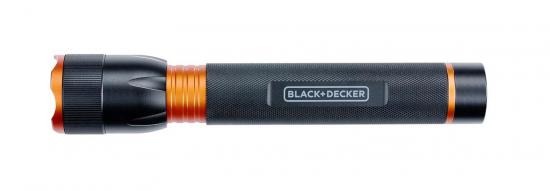 Schwarze Taschenlampe von BLACK+DECKER mit orangefarbenen Akzenten