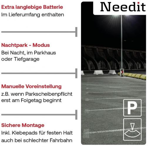 Info-Grafik zum Needit Parkscheibenautomat mit extra langlebiger Batterie, Nachtpark-Modus, manueller Voreinstellung und sicherer Montage im Lieferumfang.