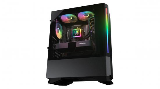 Seitliche Ansicht eines Gaming-PCs mit transparentem Gehäuse und bunter RGB-Beleuchtung im Inneren