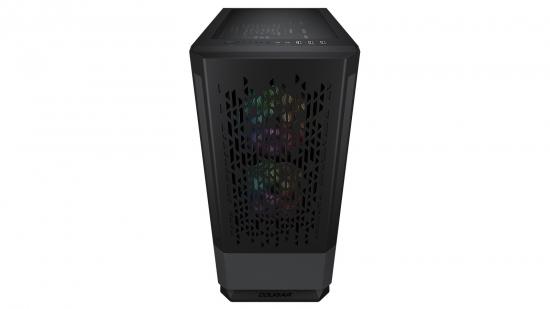 Frontansicht eines schwarzen PC-Gehäuses mit RGB-beleuchteten Lüftern hinter einer Mesh-Frontblende