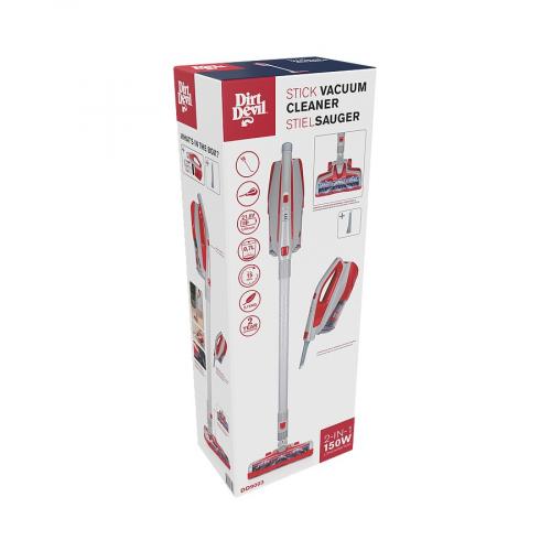 Verpackung des Dirt Devil Stielsaugers in Rot und Weiß