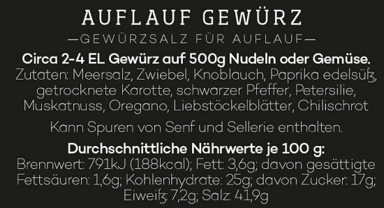 Etikett für Auflauf Gewürz mit Zutatenliste und Nährwertangaben für 100g