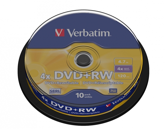 Verbatim DVD+RW Spindel mit 10 DVDs, 4-fach beschreibbar, Speicherkapazität 4,7 GB