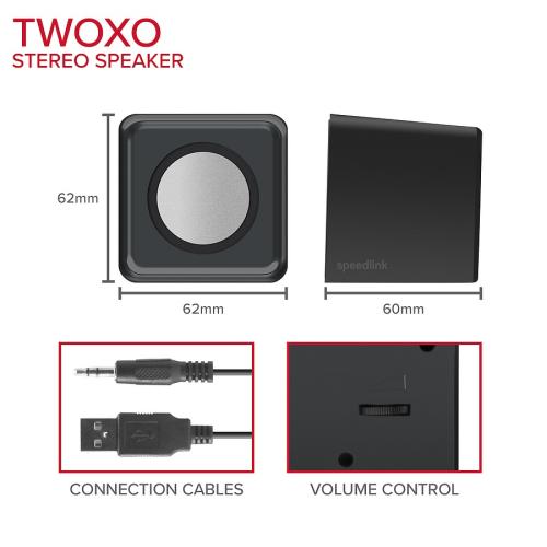 Abbildung des TWOXO Stereo-Lautsprechers mit den Maßen 62x62x60mm, Verbindungskabeln und einem Lautstärkeregler