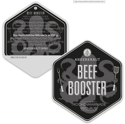 Verpackung des Ankerkraut Beef Booster Trockenmarinade BBQ-Rubs mit Zutatenliste und Nährwertangaben