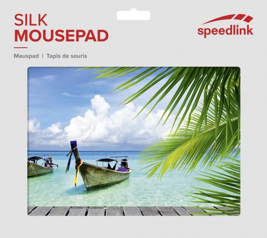 Mauspad-Verpackung von Speedlink mit tropischem Strandmotiv. Zwei Boote auf klarem Wasser mit Palmen im Vordergrund.