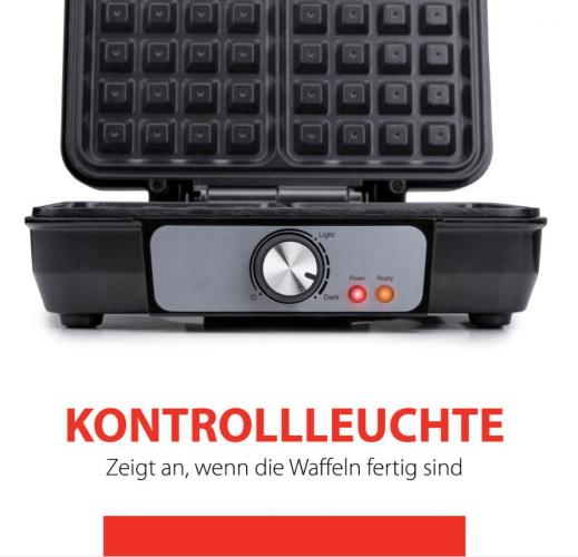 Offenes Waffeleisen mit Kontrollleuchte, zeigt an, wann Waffeln fertig sind