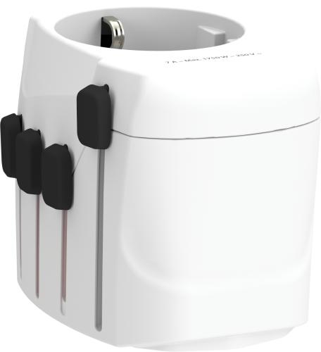 Weißer Reiseadapter mit mehreren USB-Anschlüssen und abnehmbaren Steckern