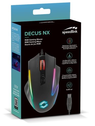 Verpackung der Speedlink Decus NX RGB Gaming-Maus mit farbiger Beleuchtung und konfigurierbaren Tasten.