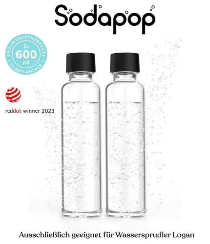 Zwei Sodapop Glasflaschen mit schwarzem Verschluss, 600ml, geeignet für Wassersprudler Logan, Red Dot Gewinner 2023