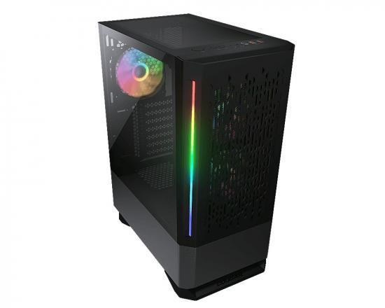Schwarzes Gaming-PC-Gehäuse mit RGB-Frontbeleuchtung und Seitenfenster aus Glas