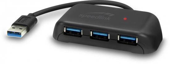 Schwarzer USB-Hub mit drei blauen USB-Anschlüssen und einem Verbindungskabel