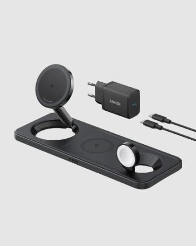 Schwarze 3-in-1 Ladestation mit kabelloser Funktion, Netzteil und Verbindungskabel
