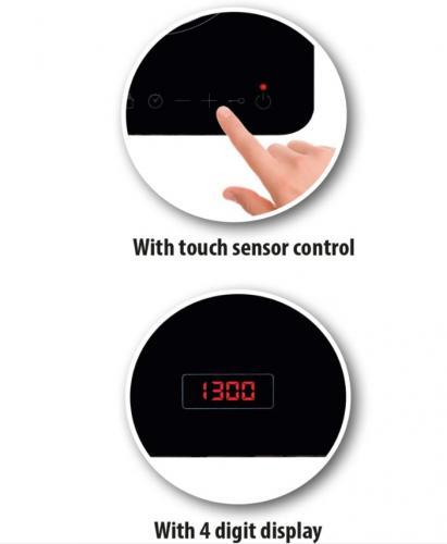 Hand bedient Induktionskochfeld mit Touch-Steuerung und darunter ein 4-stelliges Display mit Wert 1300.