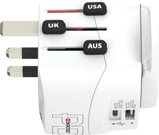 Universaler Reiseadapter mit USB-Anschlüssen und Steckern für UK, USA und Australien