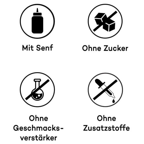 Symbole für die Produktmerkmale: Mit Senf, Ohne Zucker, Ohne Geschmacksverstärker, Ohne Zusatzstoffe