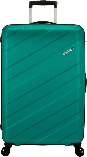 Grüner Hartschalenkoffer mit diagonalen Linien und Teleskopgriff, ideal für Reisen