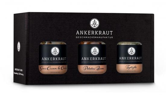 Ankerkraut Gewürzset in schwarzer Verpackung mit Sorten Sour Cream & Onion, Patatas Bravas und Tzatziki
