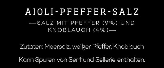 Zutaten von Aioli-Pfeffer-Salz: Meersalz, weißer Pfeffer, Knoblauch