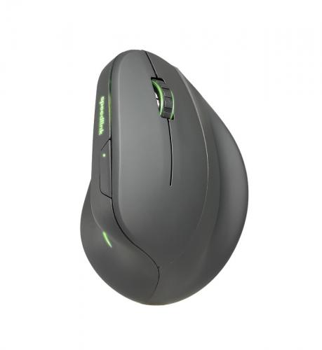 Graue ergonomische kabellose Maus mit grünen LED-Lichtern und Daumenunterstützung
