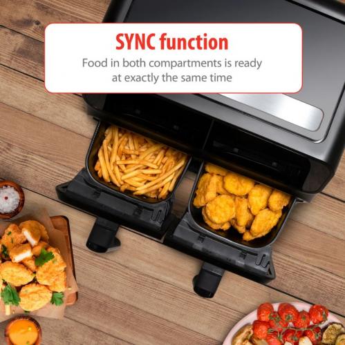 Zweifach-Heißluftfritteuse mit Pommes und Nuggets, Synchronisationsfunktion
