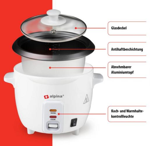 Detailansicht eines elektrischen Reiskochers mit Glasdeckel, Antihaftbeschichtung, abnehmbarem Aluminiumtopf und Kontrollleuchten für Kochen und Warmhalten