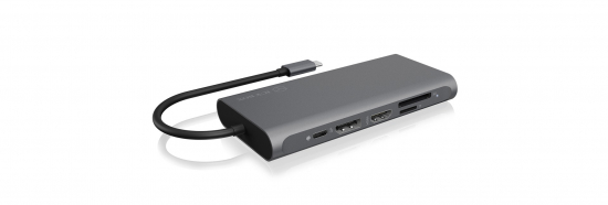Grauer USB-C-Hub mit HDMI-, USB- und Kartenanschlüssen für vielseitige Konnektivität