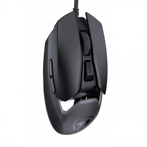 Schwarze Gaming-Maus mit ergonomischem Design und mehreren Tasten