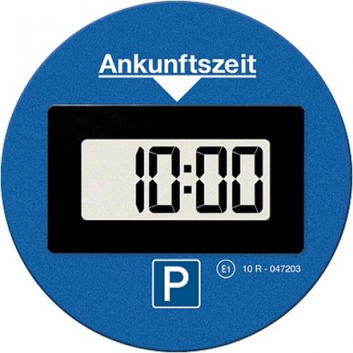Digitale Parkscheibe mit der Anzeige 'Ankunftszeit' und der Uhrzeit 10:00 Uhr, blaues Design.