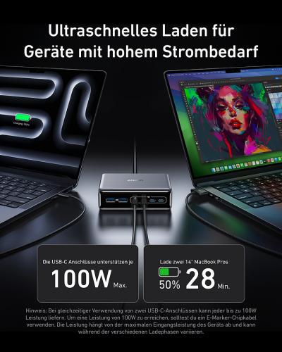 Zwei Laptops werden mit einem leistungsstarken USB-C Hub verbunden und laden dank 100W Unterstützung schnell auf.